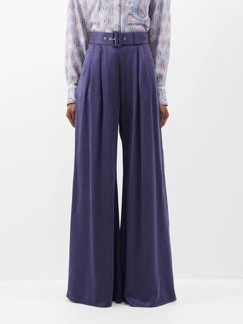 Belted Wide-leg Silk Trousers - Womens - Blue Navy