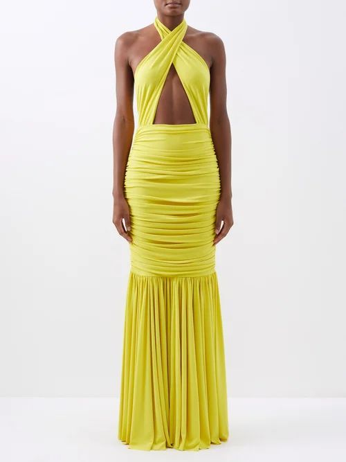 Halterneck Cutout Ruched Jersey Gown - Womens - Yellow