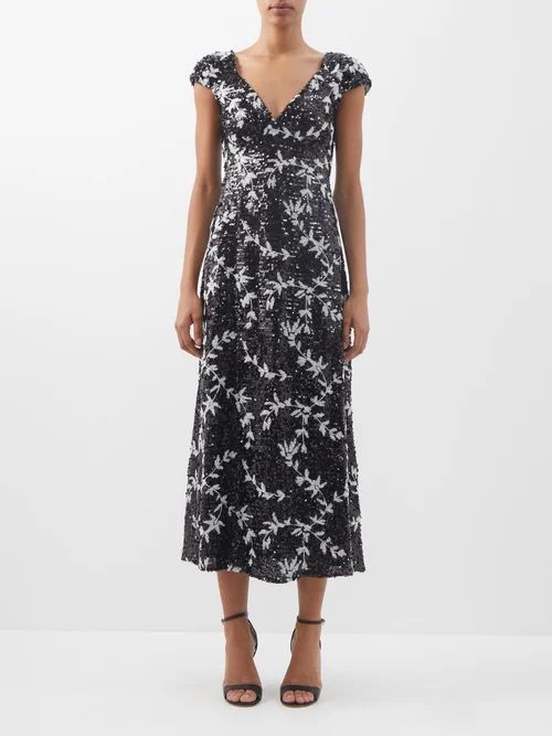 Garnet Vine Floral-sequinned Dress - Womens - Black White