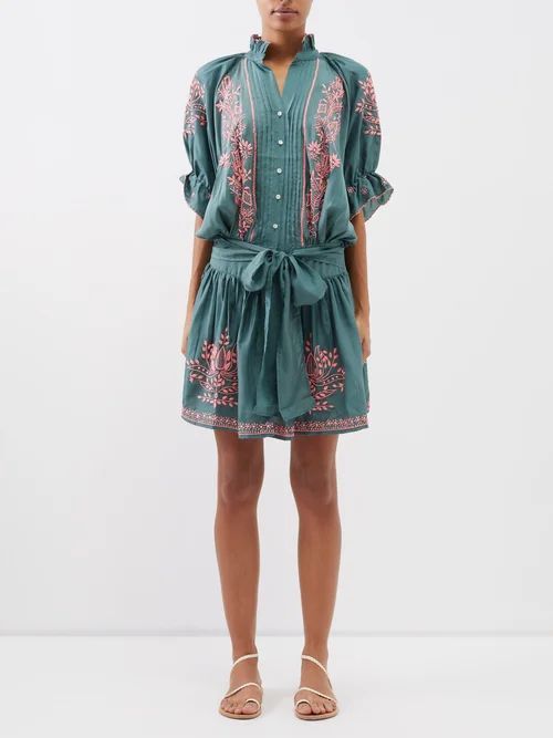 Floral-embroidered Cotton Mini Dress - Womens - Green Multi