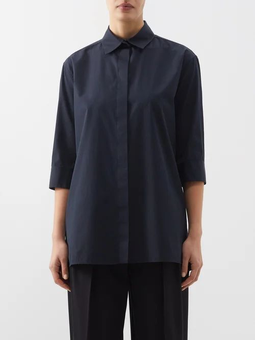 Elada Cropped-cuff Cotton-poplin Shirt - Womens - Black