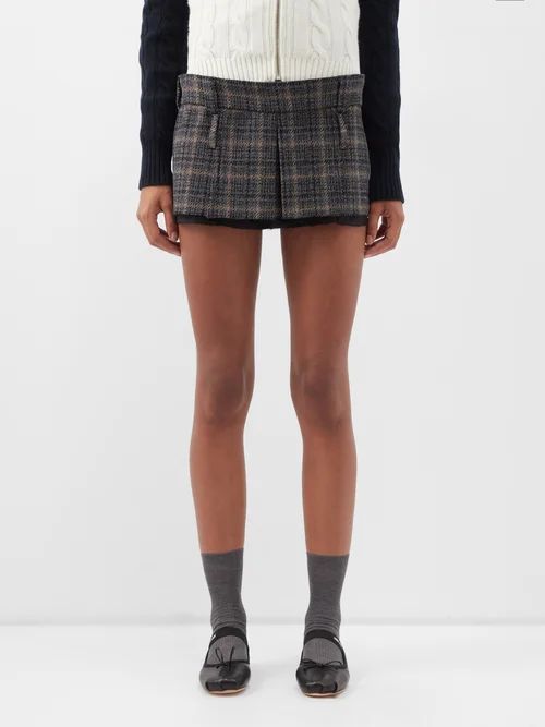 Check Pleated Virgin-wool Mini Skirt - Womens - Dark Grey