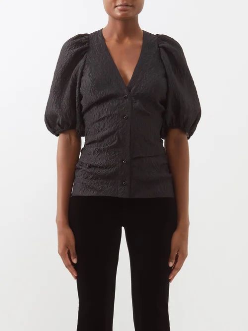Puff-sleeved Buttoned Jacquard Top - Womens - Black
