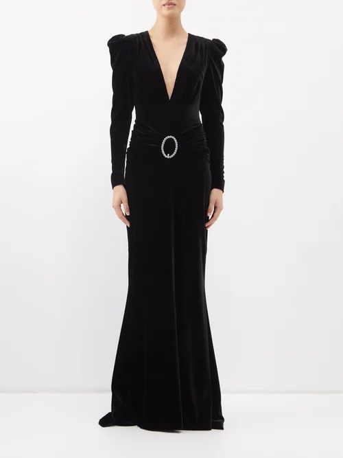 Crystal-embellished Plunging Velvet Gown - Womens - Black
