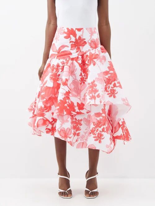 Abella Ruffled Floral-print Midi Skirt - Womens - Red White