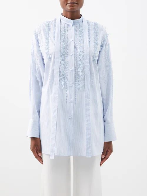 Embroidered Ruffled Striped Cotton-poplin Blouse - Womens - Light Blue