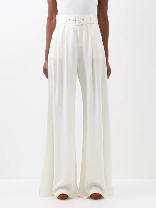 Belted Wide-leg Silk Trousers - Womens - Cream