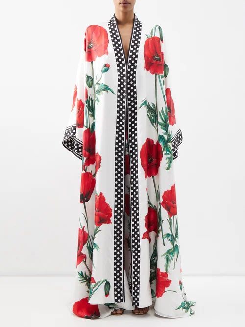 Happy Garden Poppy-print Silk-twill Coat - Womens - Red Print