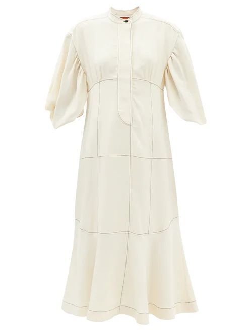Puff-sleeve Topstitched Midi Dress - Womens - Cream
