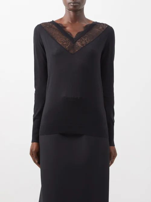 Lace-insert V-neck Wool-blend Sweater - Womens - Black