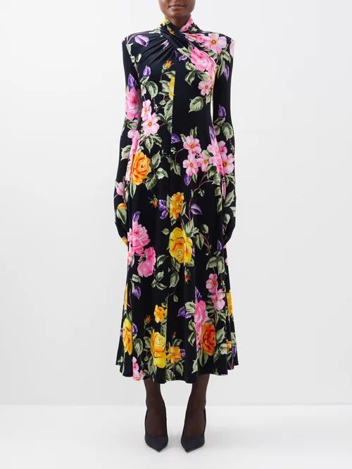 Floral-print Gloved-sleeve Velvet Dress - Womens - Black Pink