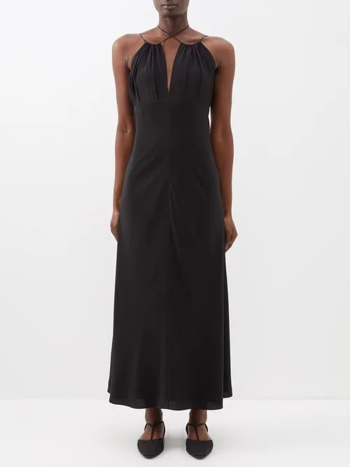Halterneck Silk Crepe De Chine Maxi Dress - Womens - Black