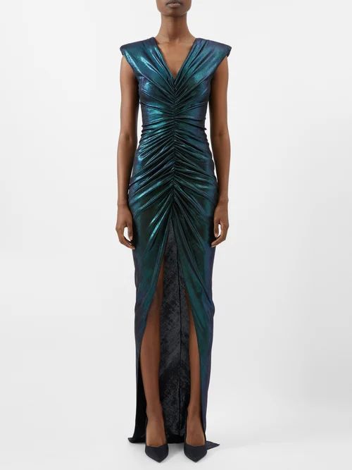 Side-slit Ruched Metallic-jersey Gown - Womens - Blue Green