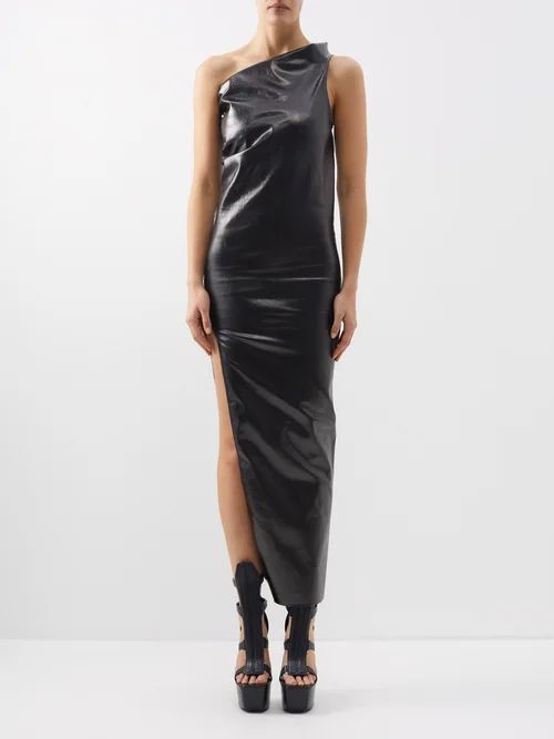 Athena One-shoulder Lacquered-denim Dress - Womens - Black