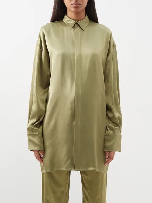 Valentina Oversized Silk-blend Satin Shirt - Womens - Khaki