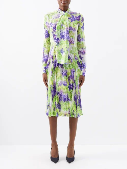 Orchid-print Pleated Silk Crepe Midi Dress - Womens - Green Multi