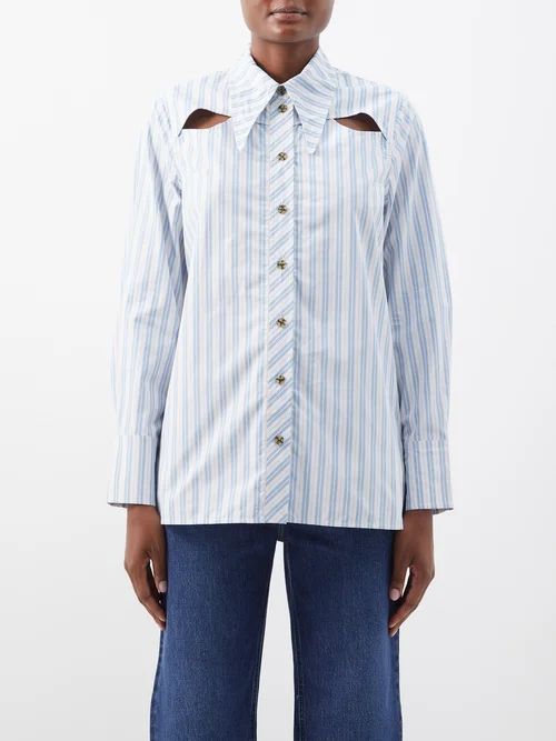 Cutout Striped Organic Cotton-poplin Shirt - Womens - Blue White