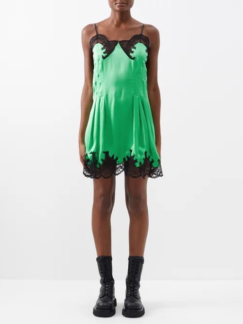 Floral-lace Satin Mini Dress - Womens - Bright Green