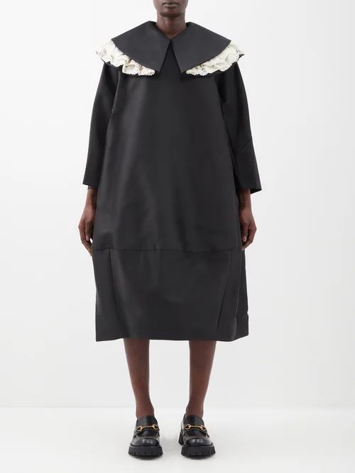 Lace-trim Collar Oversized Satin Dress - Womens - Black
