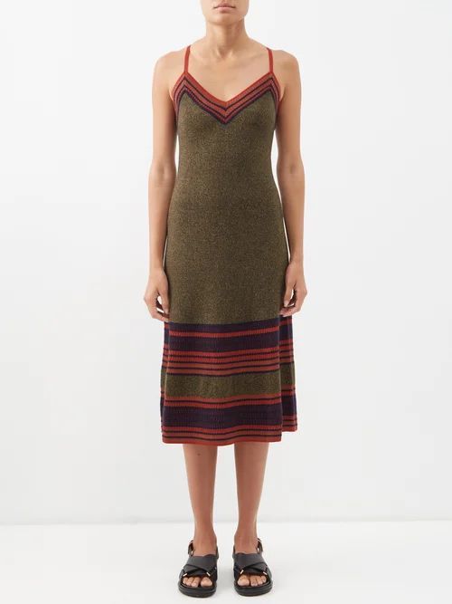 Fusion Striped Wool-blend Midi Dress - Womens - Khaki Multi