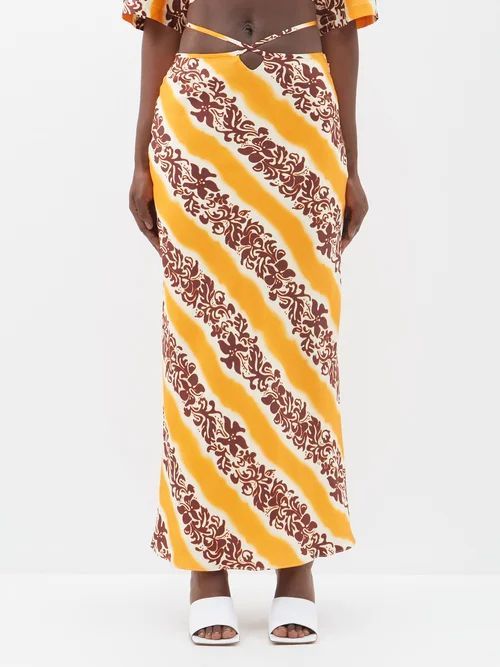 Hibiscus-print Silk-twill Tie-waist Skirt - Womens - Orange Print
