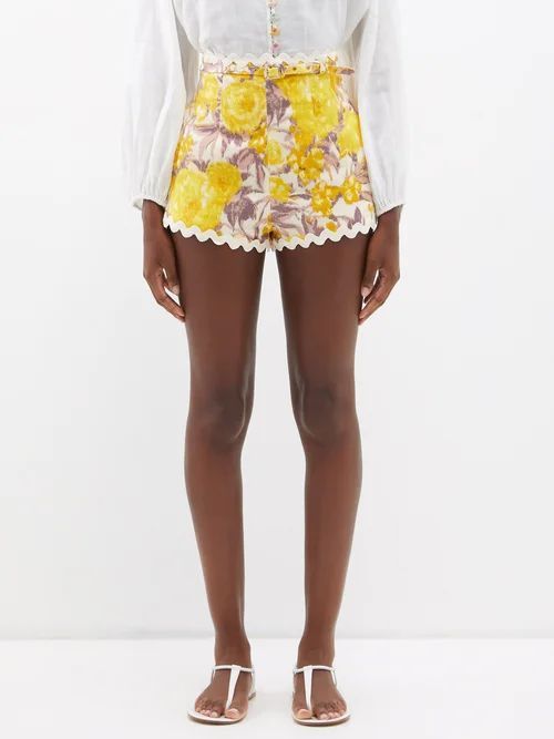 High Tide Rickrack Floral-print Linen Shorts - Womens - Yellow Print