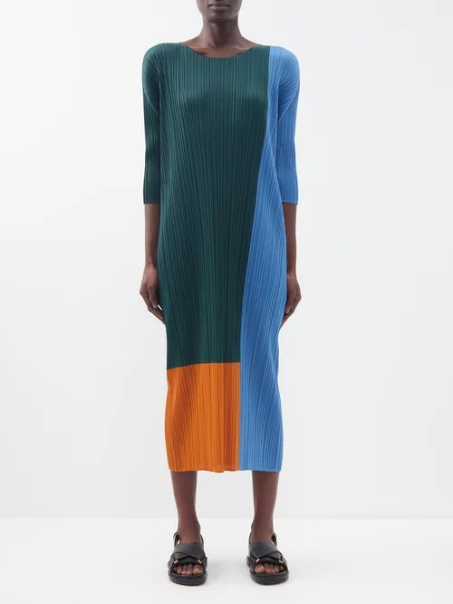 Colour-blocked Technical-pleated Dress - Womens - Dark Green