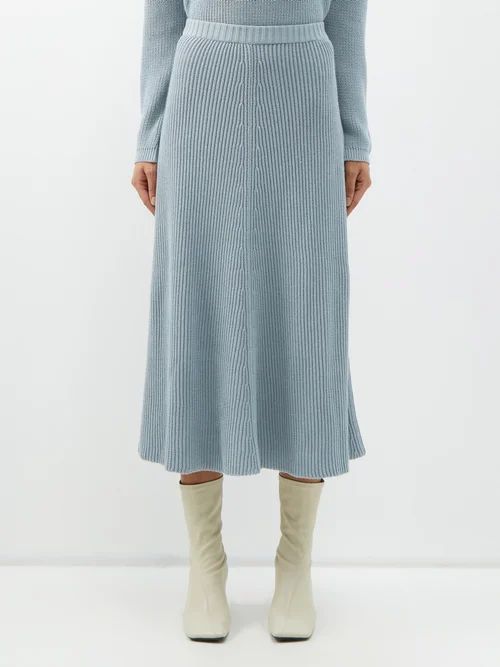 Elasticated-waist Ribbed-cotton Midi Skirt - Womens - Light Blue