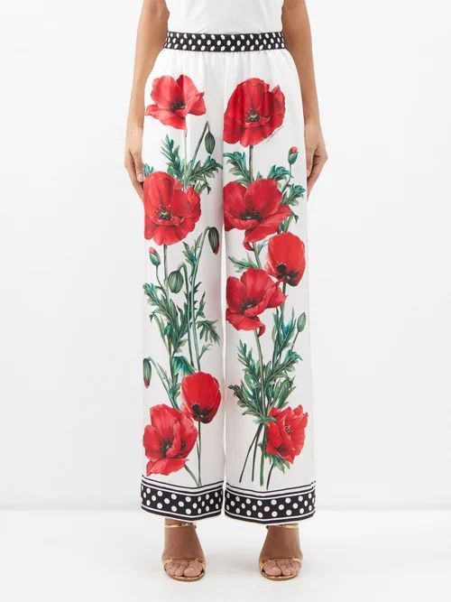 Happy Garden Poppy-print Silk-twill Trousers - Womens - Red Print