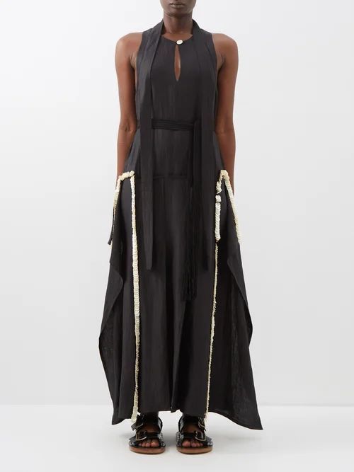 Desert Mother-of-pearl-trim Linen Maxi Dress - Womens - Black