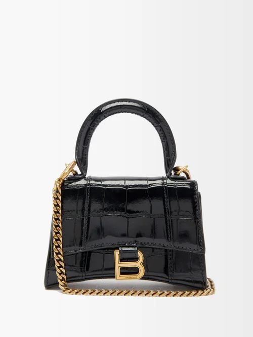 Hourglass Mini B-logo Crocodile-effect Leather Bag - Womens - Black