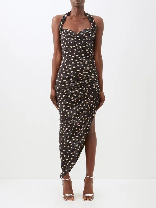Cayla Halterneck Spot-print Velvet Dress - Womens - Black & White