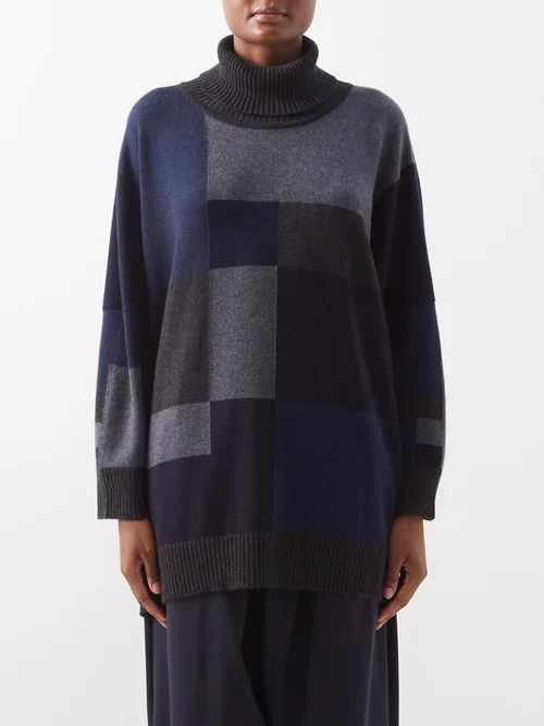 Intarsia Cashmere Roll-neck Sweater - Womens - Navy Grey