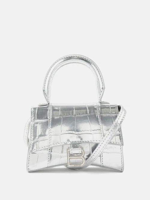Hourglass Mini Crocodile-effect Leather Bag - Womens - Silver