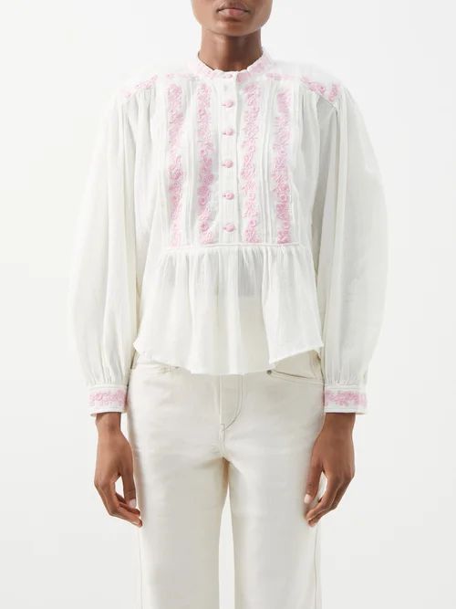 Giovana Floral-embroidered Cotton-muslin Blouse - Womens - White Pink