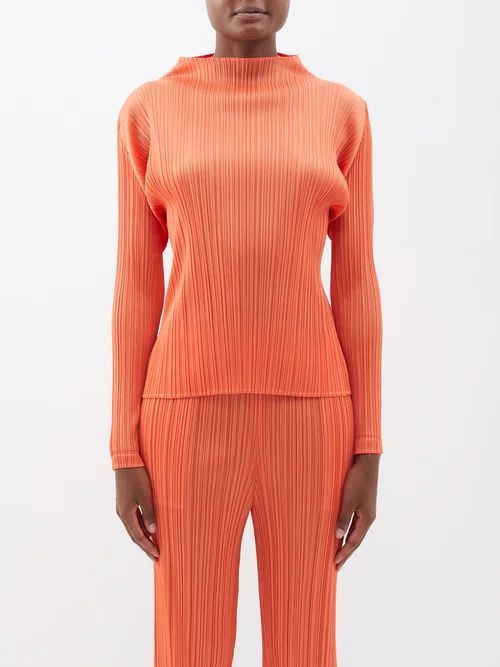 Mock-neck Technical-pleated Long-sleeved Top - Womens - Orange