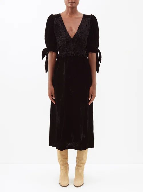 Mayde Puff-sleeve Smocked Velvet Midi Dress - Womens - Black