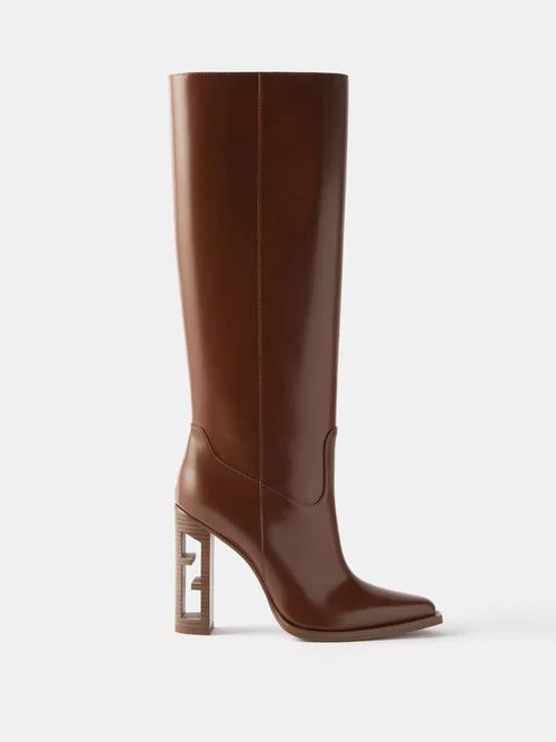 Ff-heel Leather Knee-high Boots - Womens - Brown