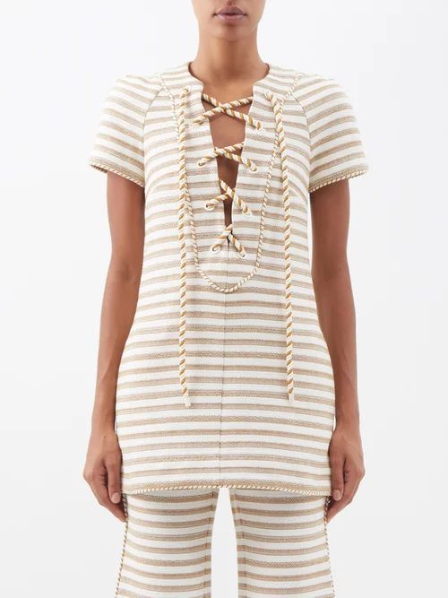 Lace-front Striped Cotton-blend Top - Womens - Cream Stripe
