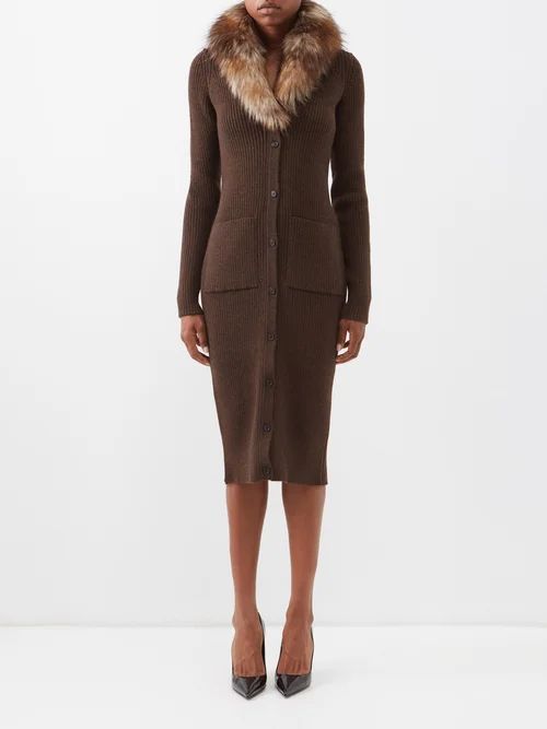 Faux-fur And Wool Knitted Cardigan Dress - Womens - Brown Multi