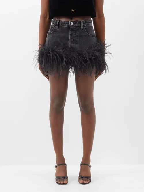 Feather-trim Denim Mini Skirt - Womens - Black