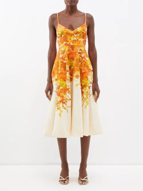 High Tide Floral-print Linen Midi Dress - Womens - Orange Print