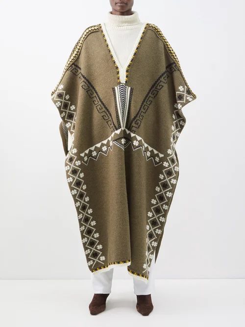 Jacquard-patterned Wool-blend Poncho - Womens - Beige Multi