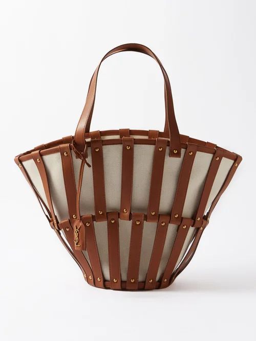 Beatrix Caged-leather Canvas Basket Bag - Womens - Tan White