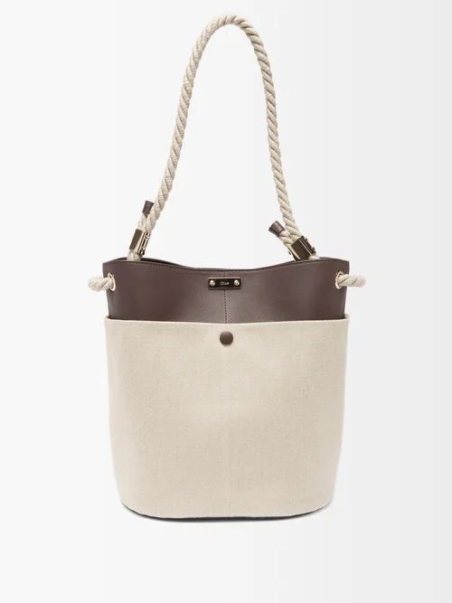 Logo-plaque Linen-twill And Leather Bucket Bag - Womens - Brown Beige