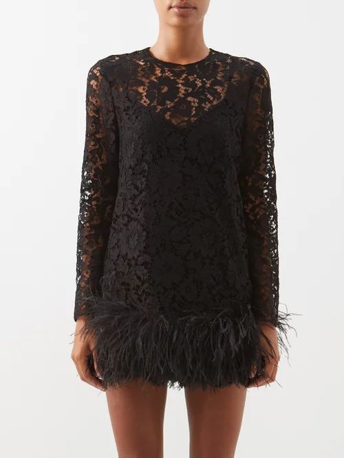 Feather-trimmed Guipure-lace Top - Womens - Black