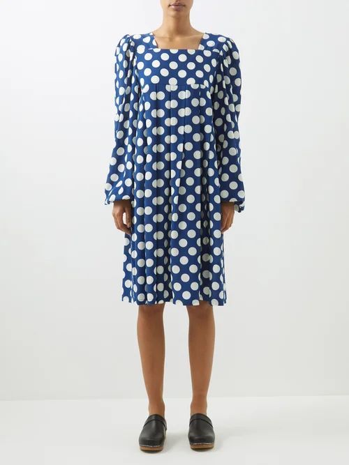 Square-neck Polka-dot Silk Dress - Womens - Navy White