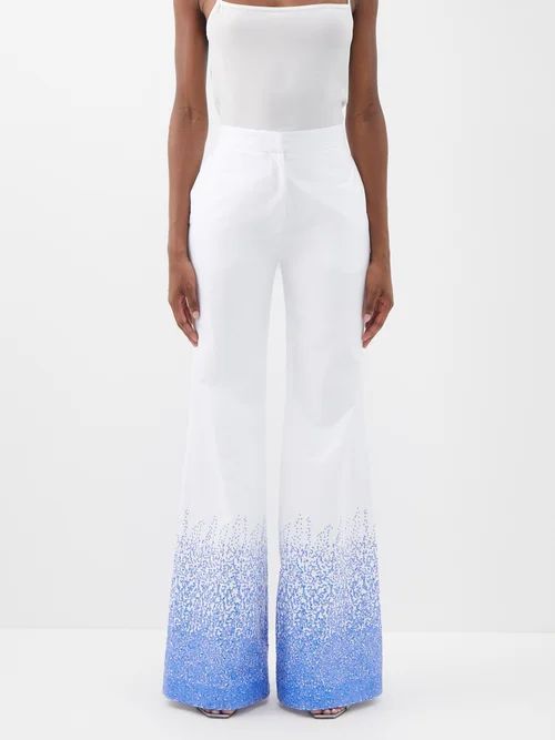 Sequinned Cotton-lawn Stovepipe Trousers - Womens - White Blue