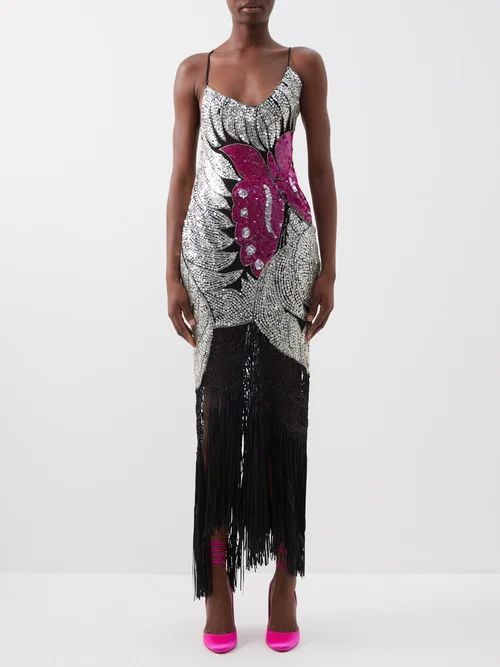 Sequinned Fringe-trimmed Upcycled Silk Dress - Womens - Black