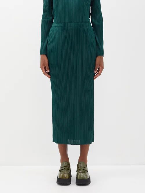 Technical-pleated Pencil Skirt - Womens - Dark Green